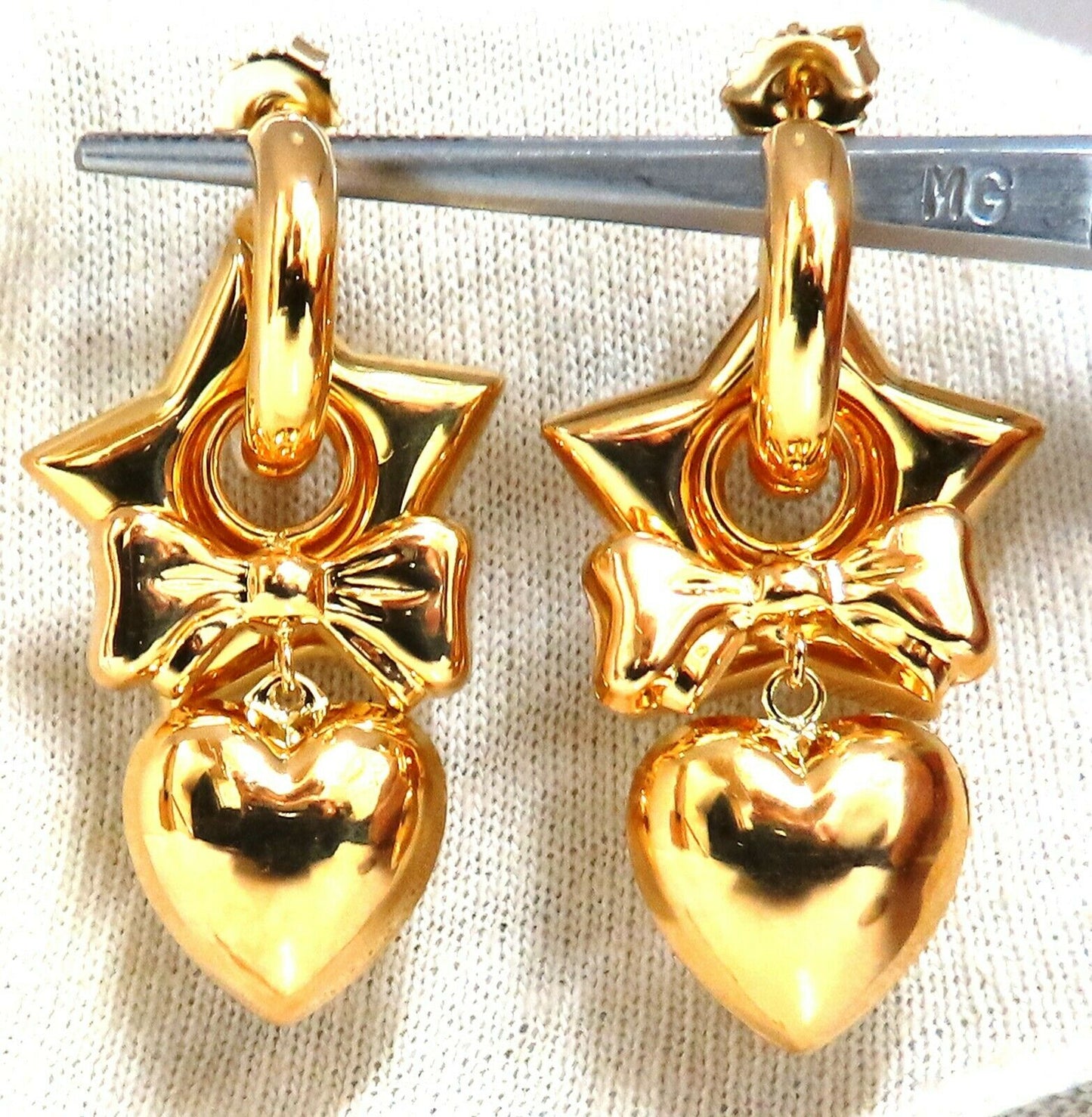 High Shine Domed Heart Star Bow Circles Dangle Earrings 14 Karat Gold