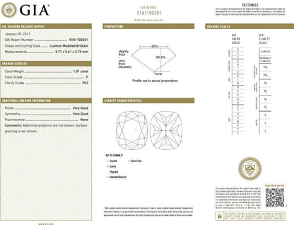 GIA Certified 1.01ct. Cushion cut diamond ring Platinum F/VS