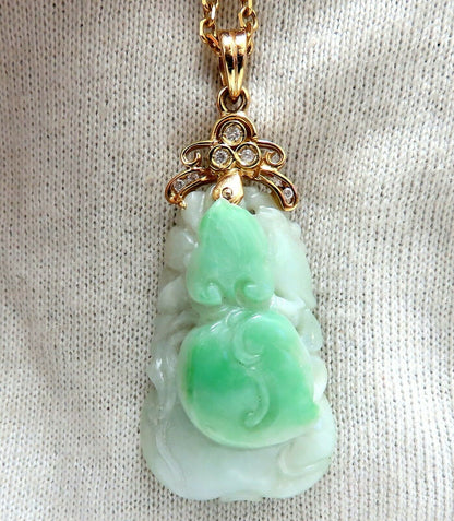 Carved Natural Jade Diamond Necklace 14kt Gold Flower