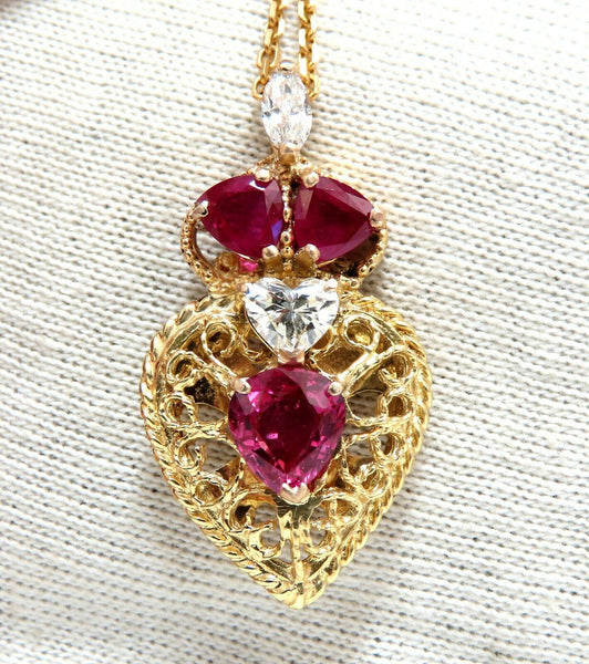 3.78ct AIGS Certified No Heat Ruby Diamonds Necklace 14Kt Heart Marquise