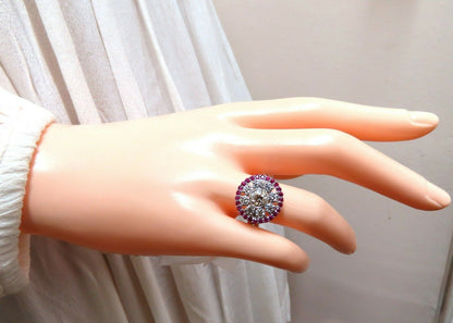 .76ct Fancy Color Diamond Ruby Cocktail Circular Cluster Halo Ballerina Ring 14k