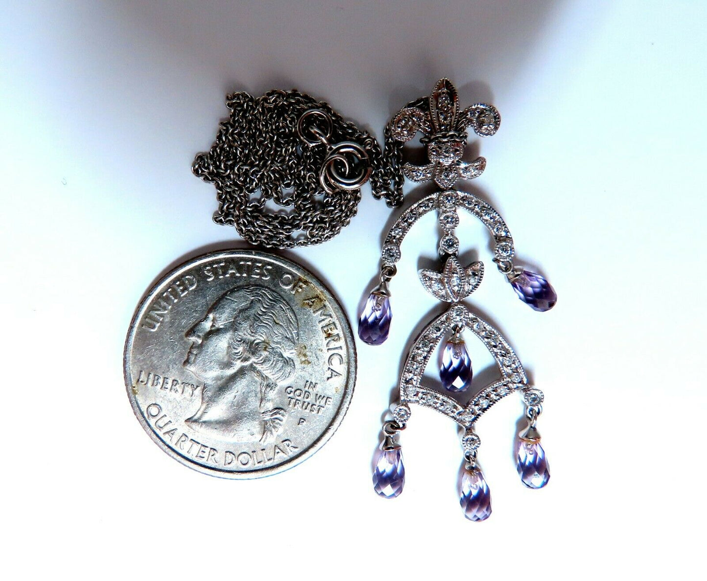2.50ct Natural Briolette Amethyst Diamonds English Crest Dangle Necklace 14kt