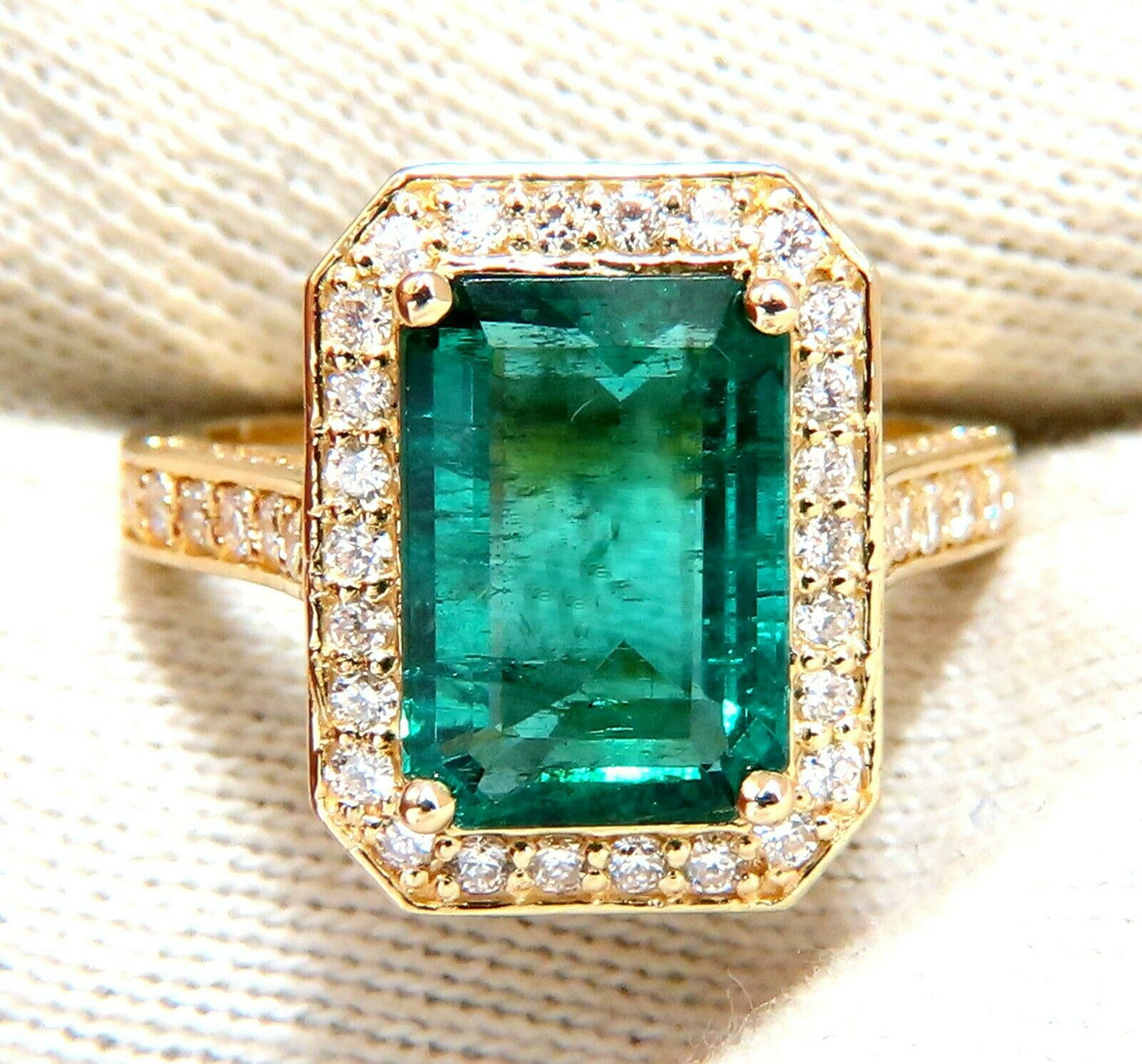 5.40ct Natural Vivid Green Emerald Diamonds Gilt Deco Ring 14kt