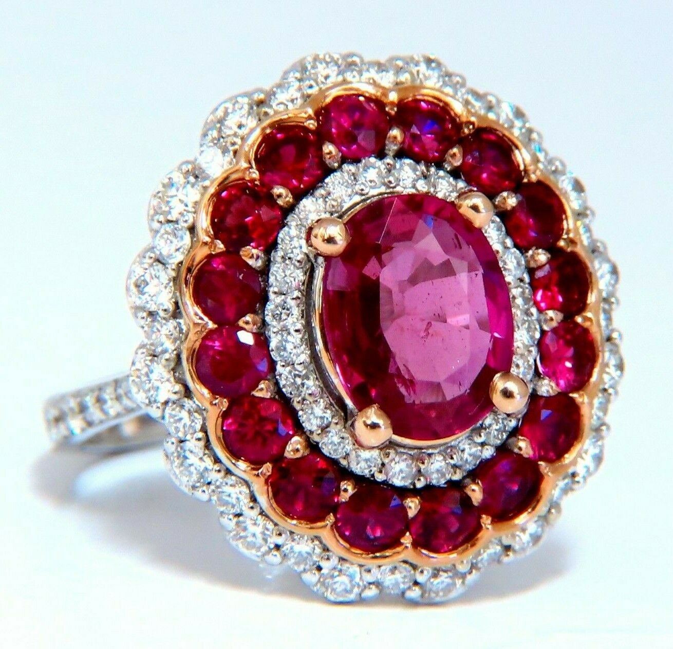 GIA Certified 4.06ct oval cut red No Heat Ruby diamonds Ballerina ring 14kt