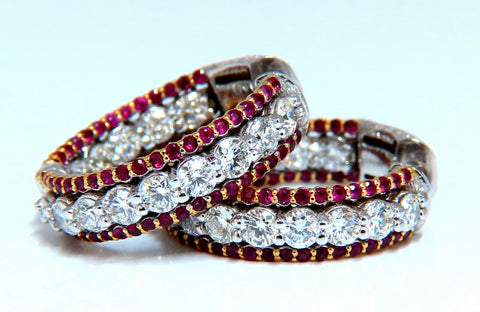 4.24ct natural red ruby diamond hoop earrings 14kt gold three row Intricate