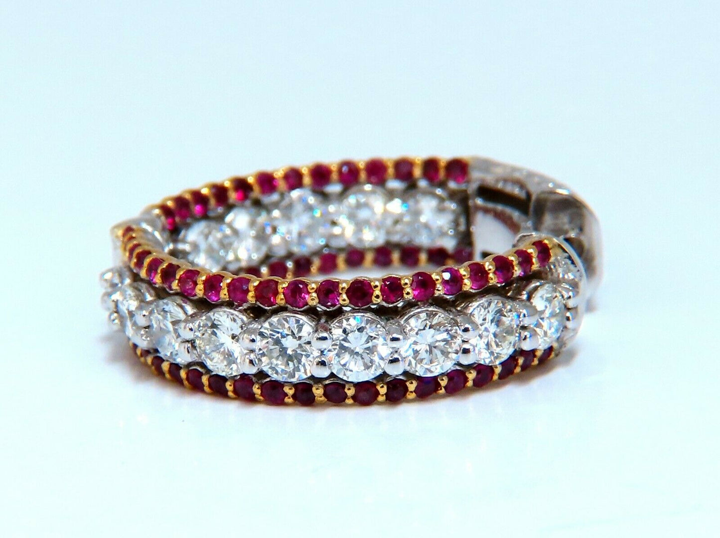4.24ct natural red ruby diamond hoop earrings 14kt gold three row Intricate