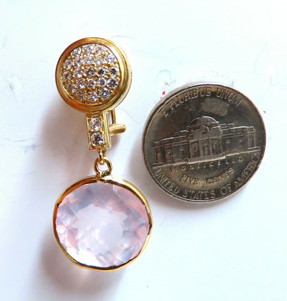 30.33ct Natural Rose Quartz Diamond Dangle Earrings 18 Karat Pink Flash