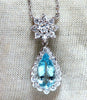 3.73ct Natural Pear Aquamarine Diamonds Necklace Cluster Halo Drop 14kt