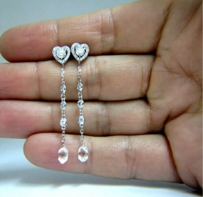 2.40ct Natural Briolette Diamonds Dangle Station Yard Earrings 14 Karat