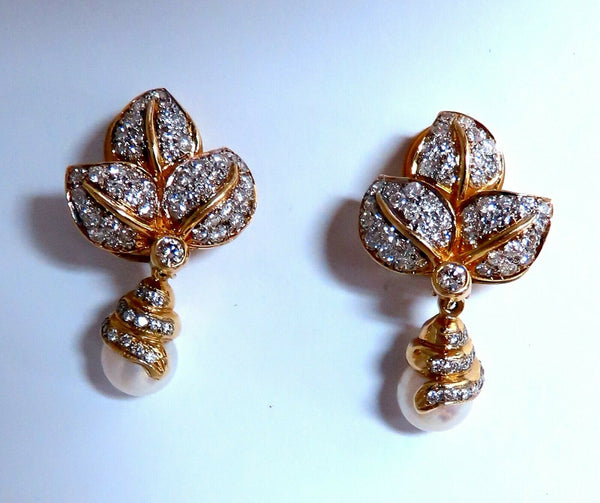 7mm Natural South Seas Pearl Diamonds Dangle Earrings 14kt Gold