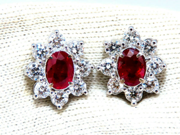 GIA Certified 3.77ct Natural Heat Ruby Diamond Cluster Earrings 14kt Unheated