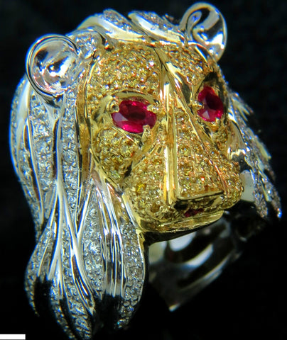 18KT ITALY UNISEX HUGE 3.40CT DIAMONDS RUBY LIONESS RING 18KT