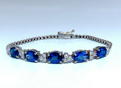 6.38ct natural Vivid royal blue round sapphires diamond bracelet 14 Karat