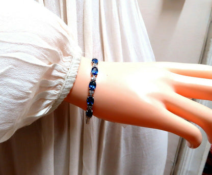 6.38ct natural Vivid royal blue round sapphires diamond bracelet 14 Karat