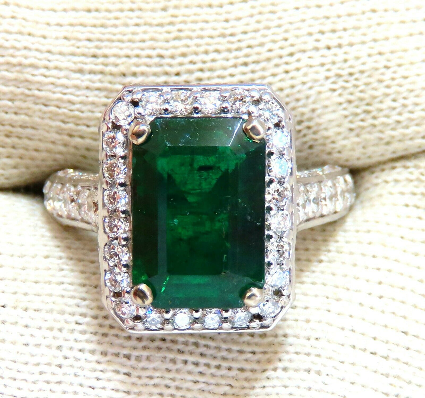 5.52ct Natural Vivid Green Emerald Diamonds Ring 14kt Mod Halo Bead Set Deco
