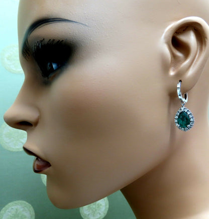 5.50ct Natural Emerald Diamond Dangle Earrings 14 Karat Cluster Halo