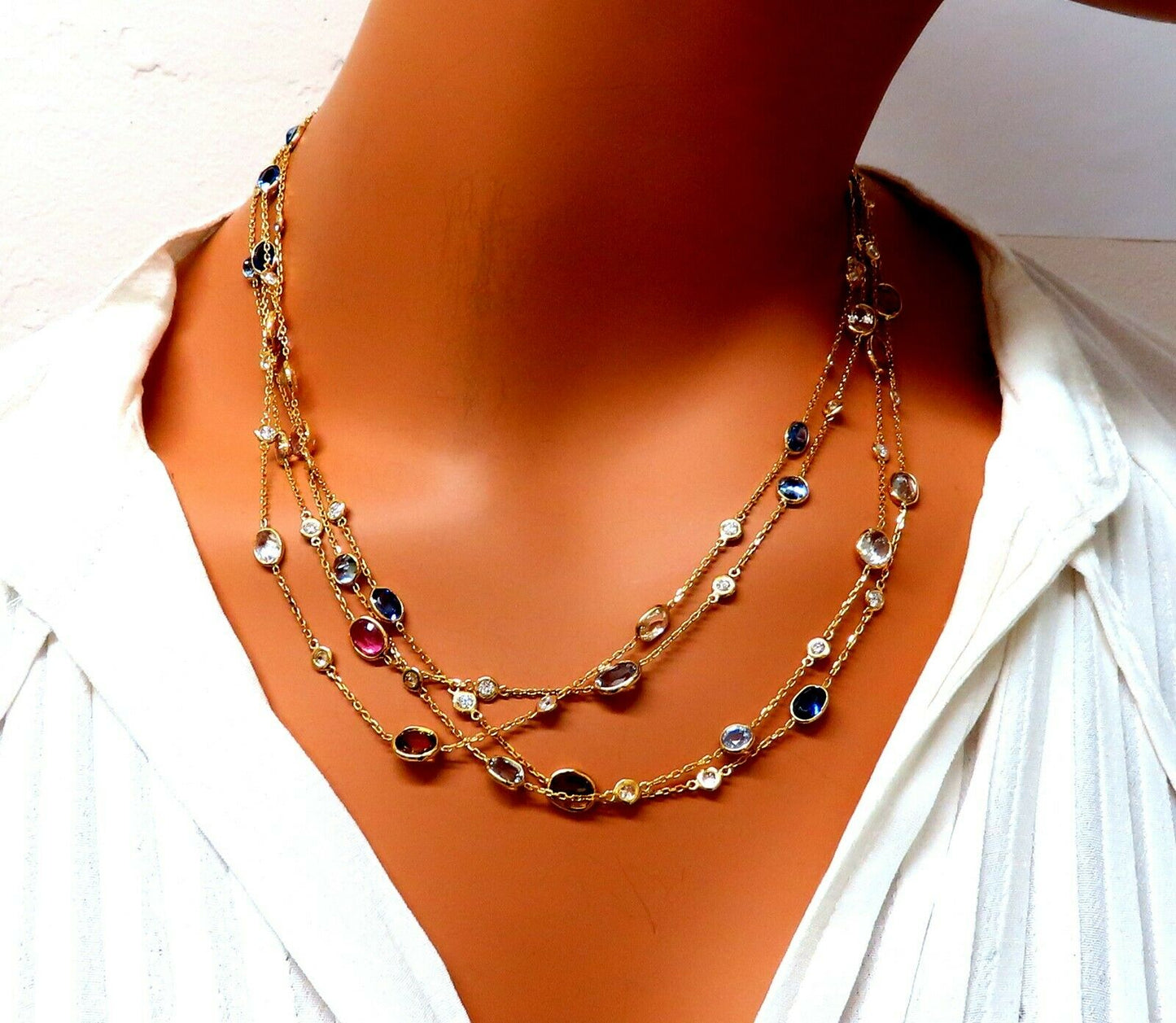 43.05ct. Natural Vivid Sapphires Diamonds Yard Necklace 14kt 4 Tier Wrap 76 inch