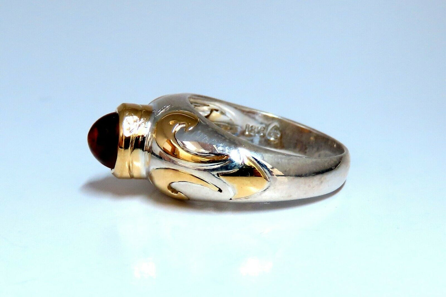 Natural Cabochon Citrine Ring Silver & 18kt Gold Inlay Venetian Mod Deco