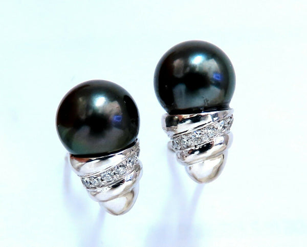 11mm natural tahitian pearl & .50ct diamonds raised cap earrings 14kt