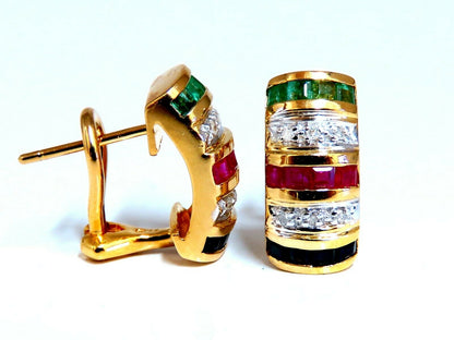 1.13ct Natural Emerald Sapphire Ruby Baguette Diamonds Clip Earrings 14k