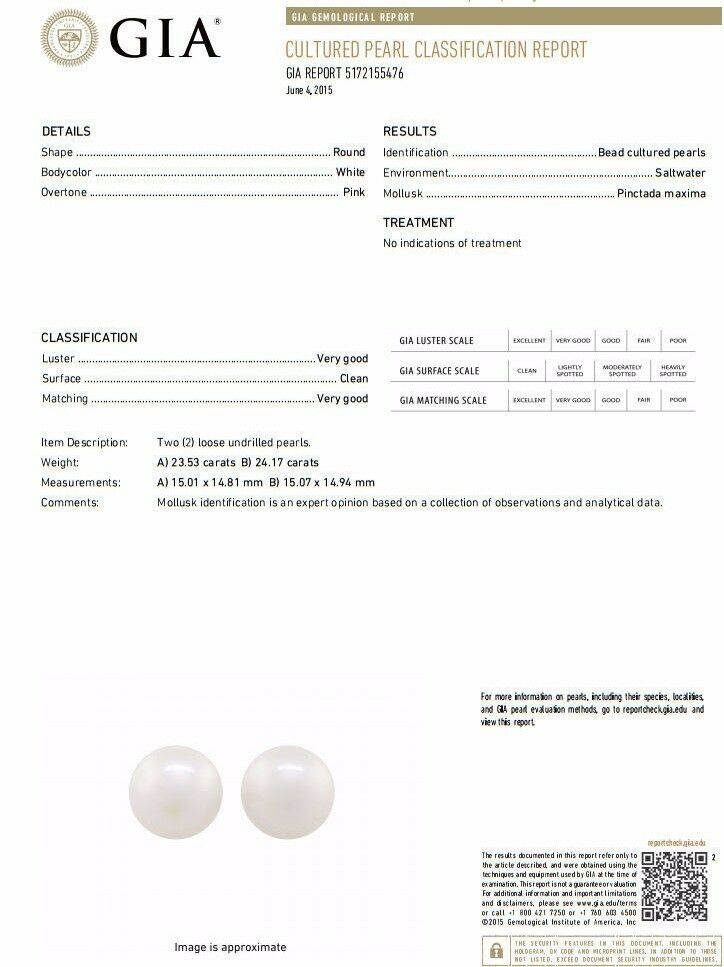 GIA Certified 15mm Natural Saltwater Pearl Stud Earrings 14kt Pink Overtone