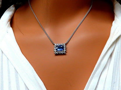 GIA Certified 3.18ct Natural No Heat Blue Sapphire Diamonds Necklace 14kt
