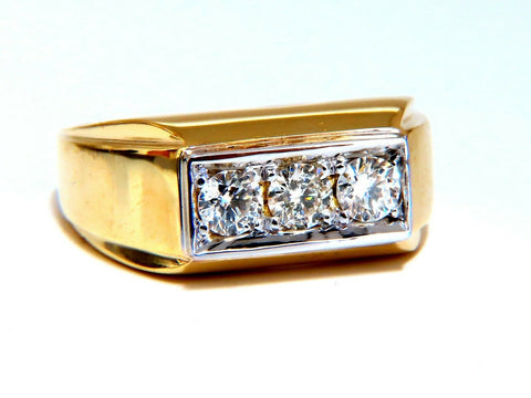 .85ct Natural Three Stone Masculine Pave Beaded Flat Deck Mens Ring 14kt
