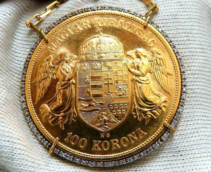 1908 Hungary 100 Korona Gold Coin Diamonds Necklace