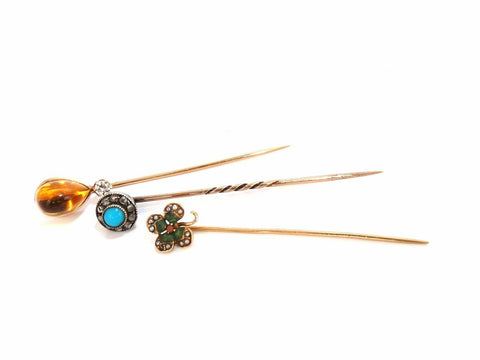 Lot OF (3) Antique Hat Pins Collector Classic Irish Clove Citrine Turquoise