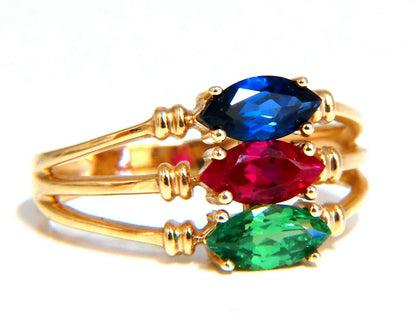 Lab Ruby Sapphire Emerald Three stone ring 14kt