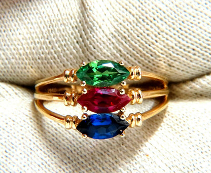 Lab Ruby Sapphire Emerald Three stone ring 14kt