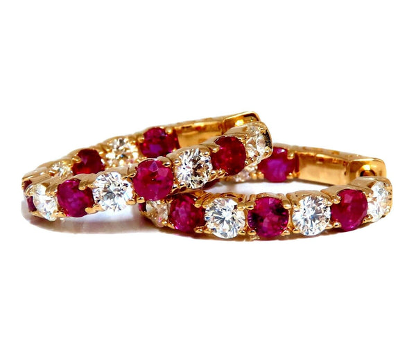 4.90ct natural Ruby diamonds elongated hoop earrings 14kt yellow gold inside out