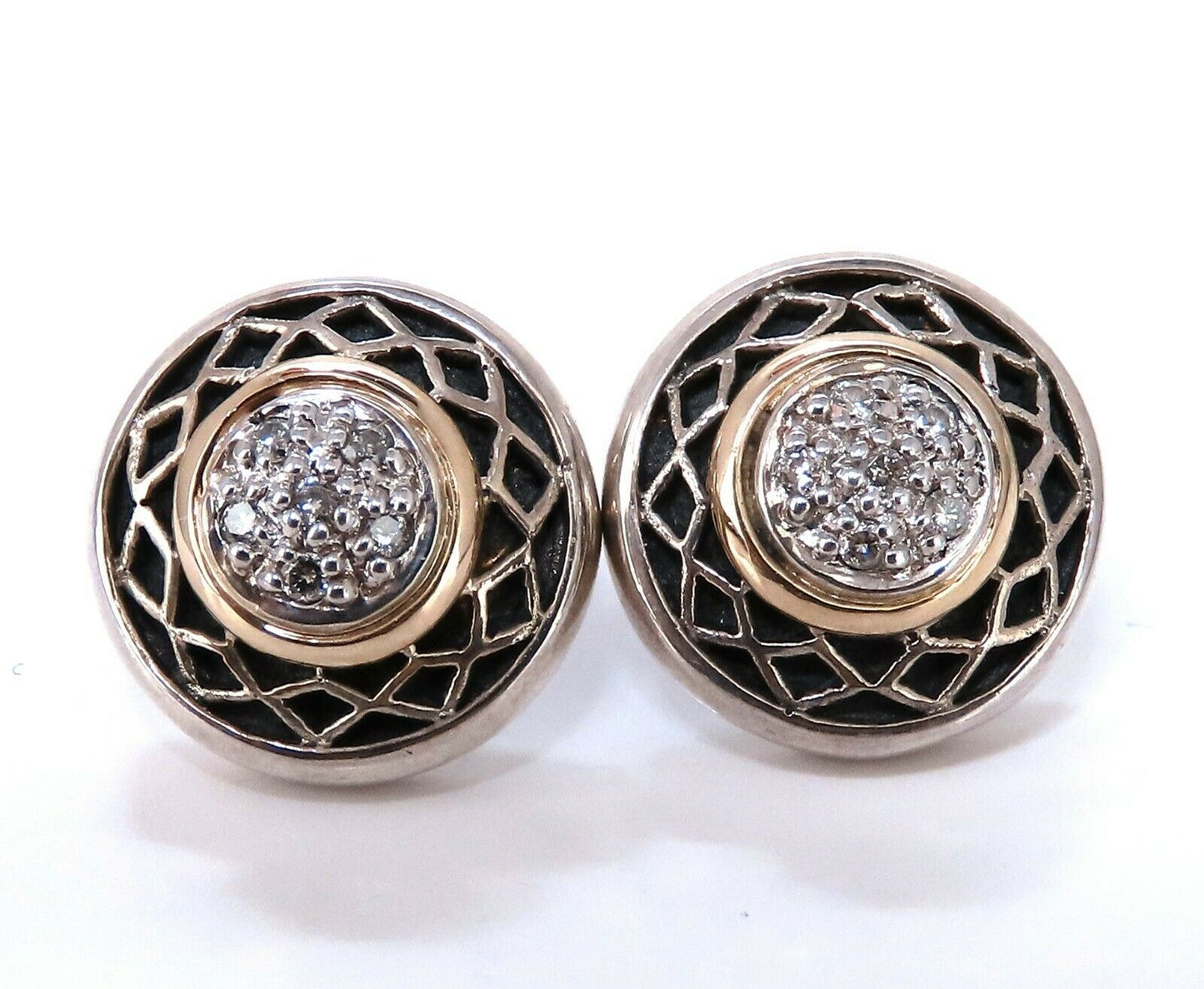 Designer Bordeaux.10ct natural diamond earrings cross hatch deco silver & 14kt