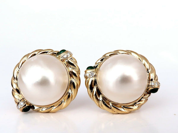18.4mm Mabe Pearls .80ct emerald Clip Earrings 18kt Gold