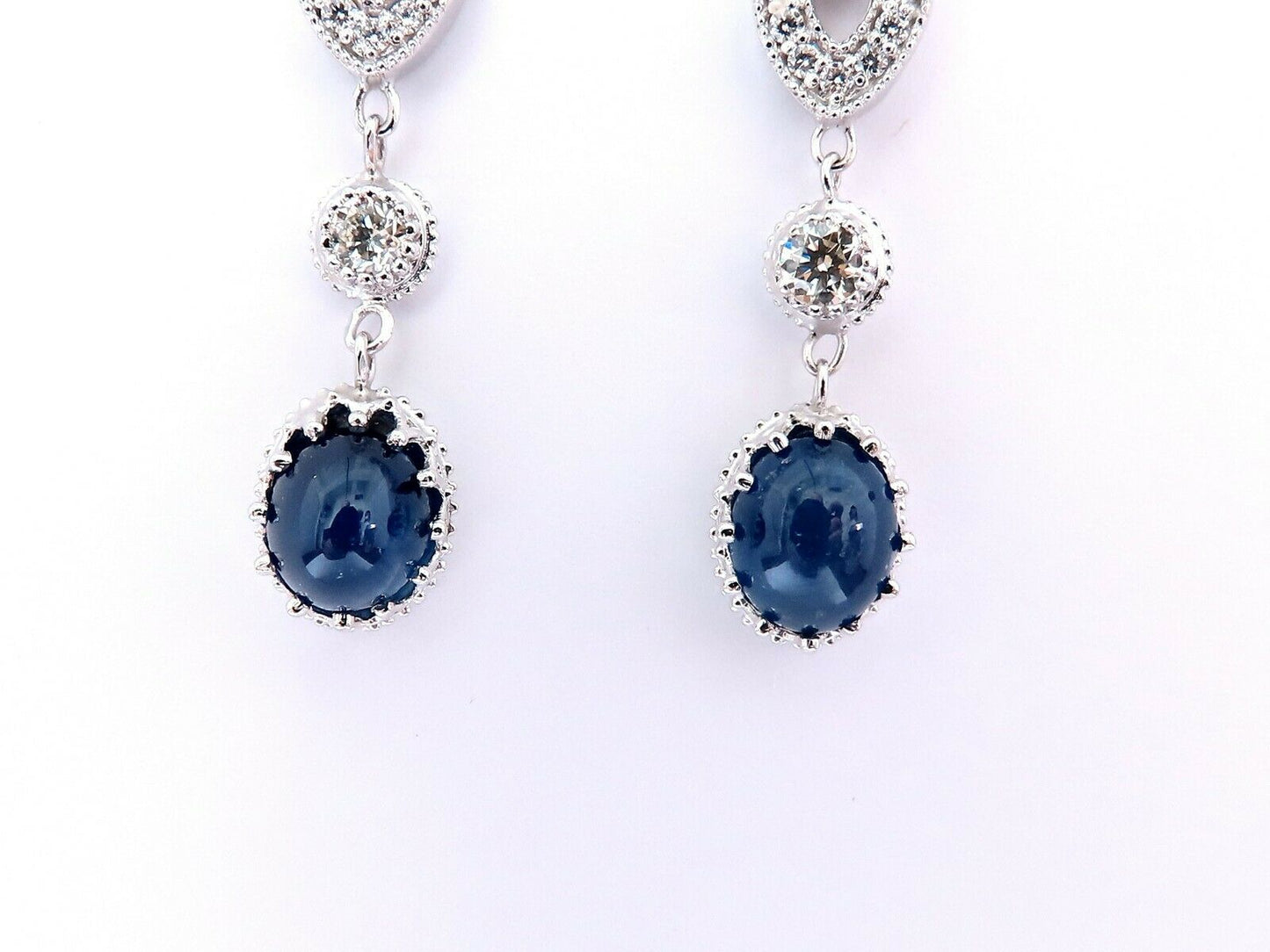 4.33ct Natural Sapphire Diamond Earrings 14kt cabochon dangles