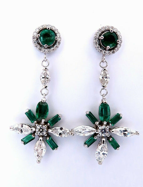 5.50ct Natural Round Emeralds Diamond Earrings 14kt Snowflake Dangle