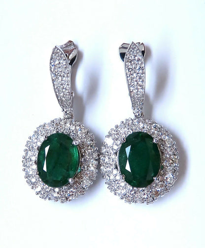 8.35ct Natural Oval Emeralds Diamond Dangle Earrings 18kt Halo Cluster