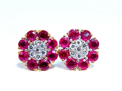 2.39Ct Natural Ruby Diamond Cluster Earrings 14 Karat Stud Cocktail