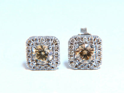 1.30ct Natural Round Diamond Stud Earrings 14 Karat Halo Fancy Brown