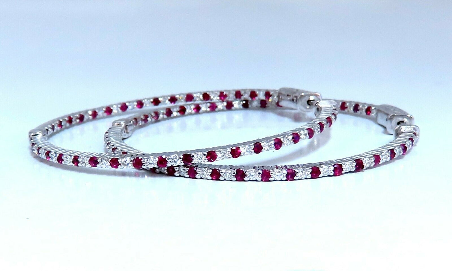 2.40ct natural Ruby diamonds hoop earrings 14kt white gold inside out 50mm