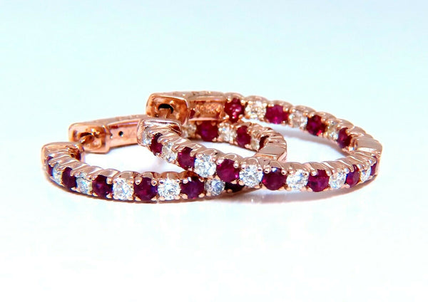 2.20ct natural Ruby diamonds hoop earrings 14kt rose gold inside out 24mm
