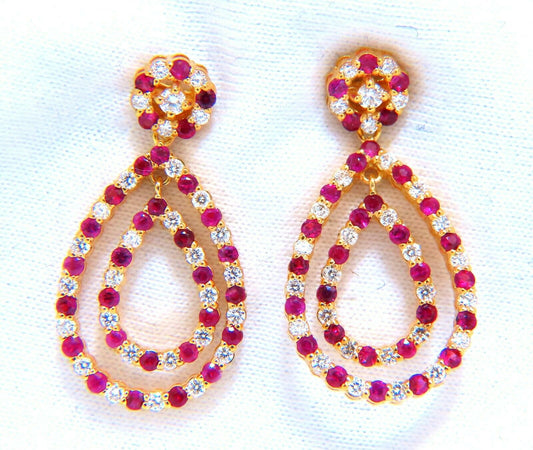 1.86ct natural Ruby diamonds dangle earrings 14kt yellow gold cluster pear