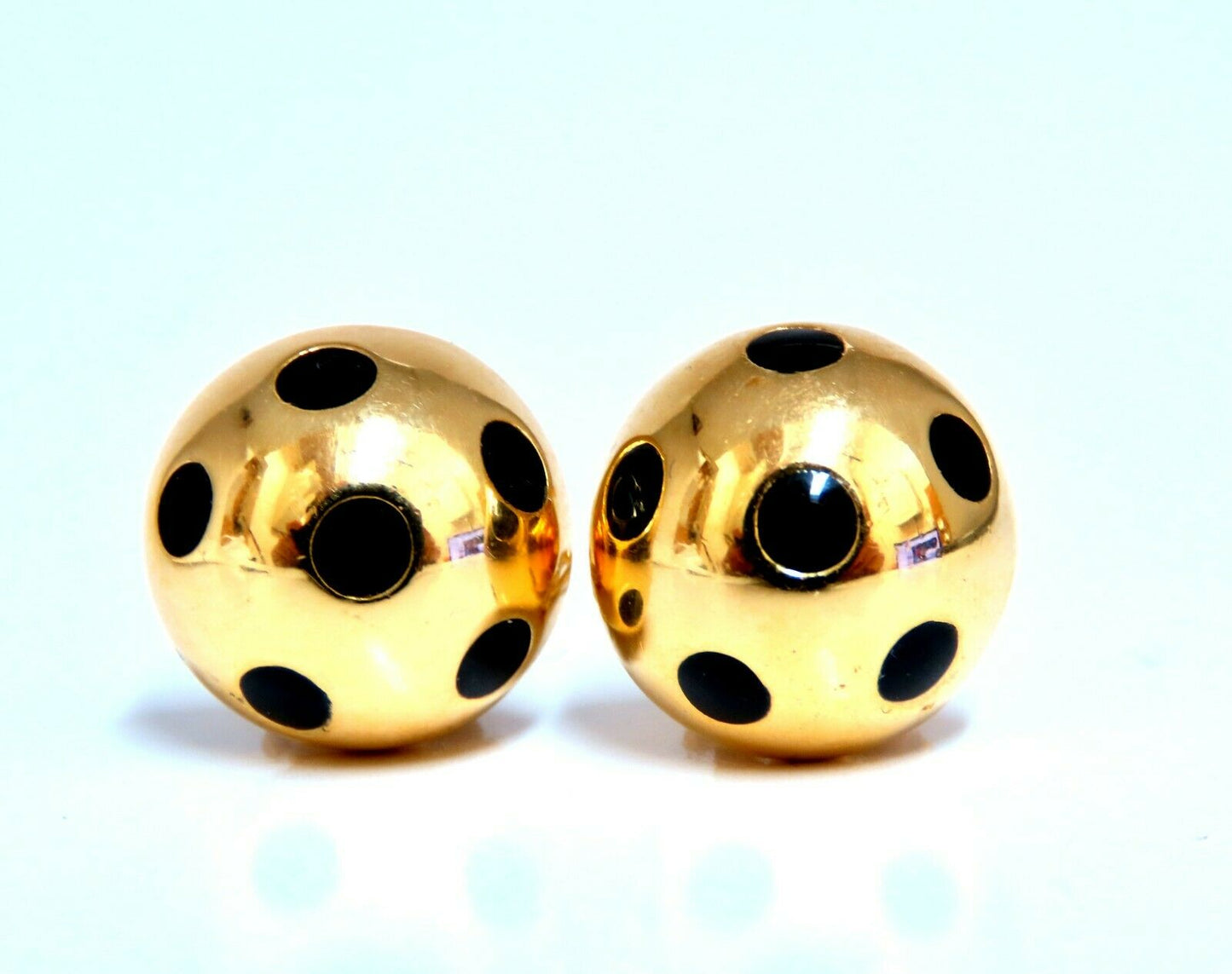 18kt Gold Clip earrings Black Enamel Polka Dot Half Ball