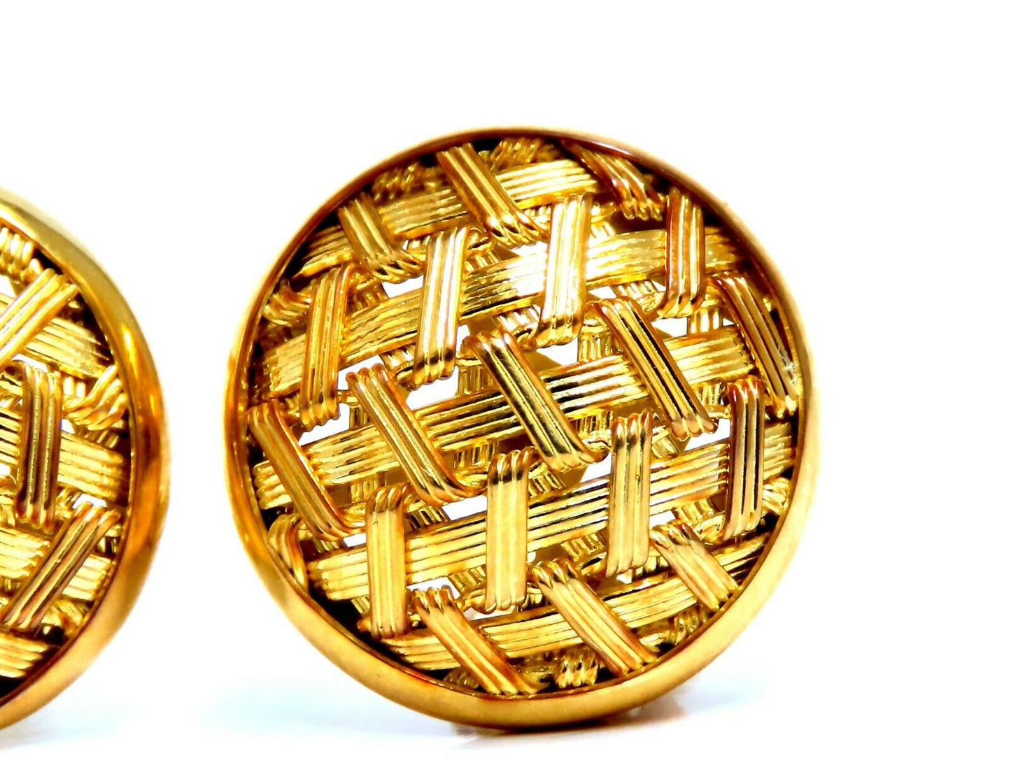 14Kt Gold basket weave pattern earrings 3D Circular Button