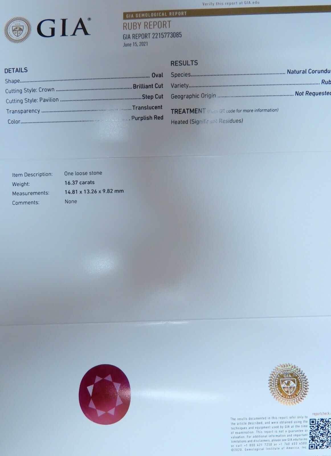 GIA Certified 16.37ct Ruby Diamonds Ring 14kt