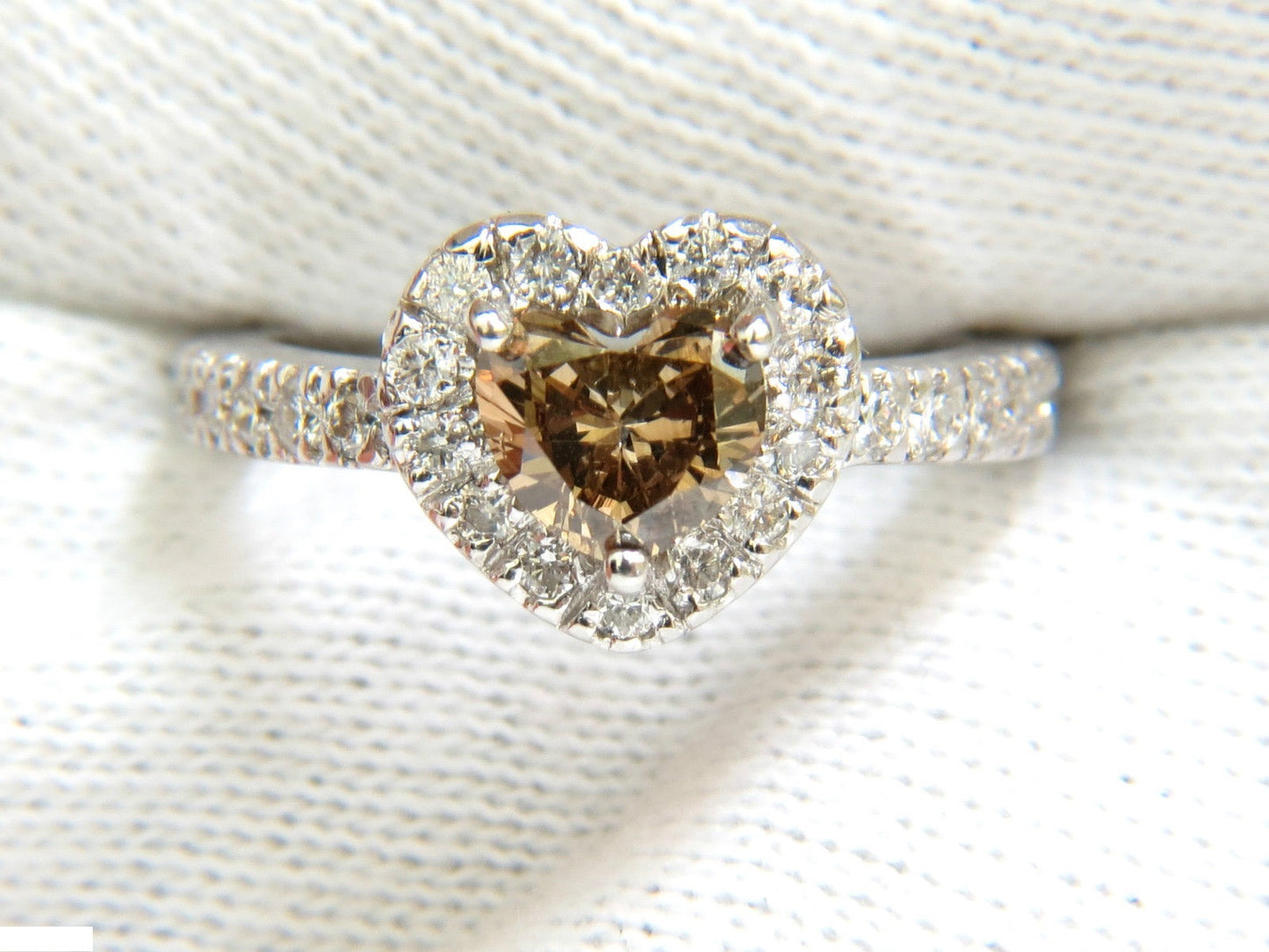 1.37CT NATURAL FANCY BRIGHT BROWN HEART CUT HALO DIAMOND RING 14KT VS