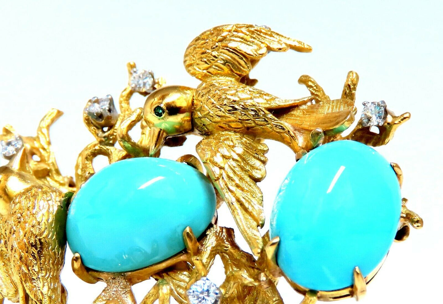 Vintage Bird Nest Eggs 20ct Turquoise 18kt Brooch High Intricate