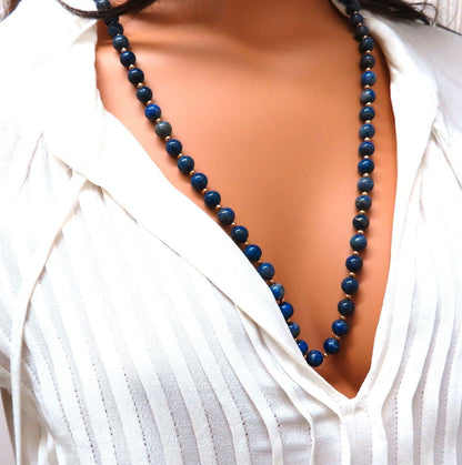 8mm Lapis Lazuli Gold Bead Necklace 14kt Endless
