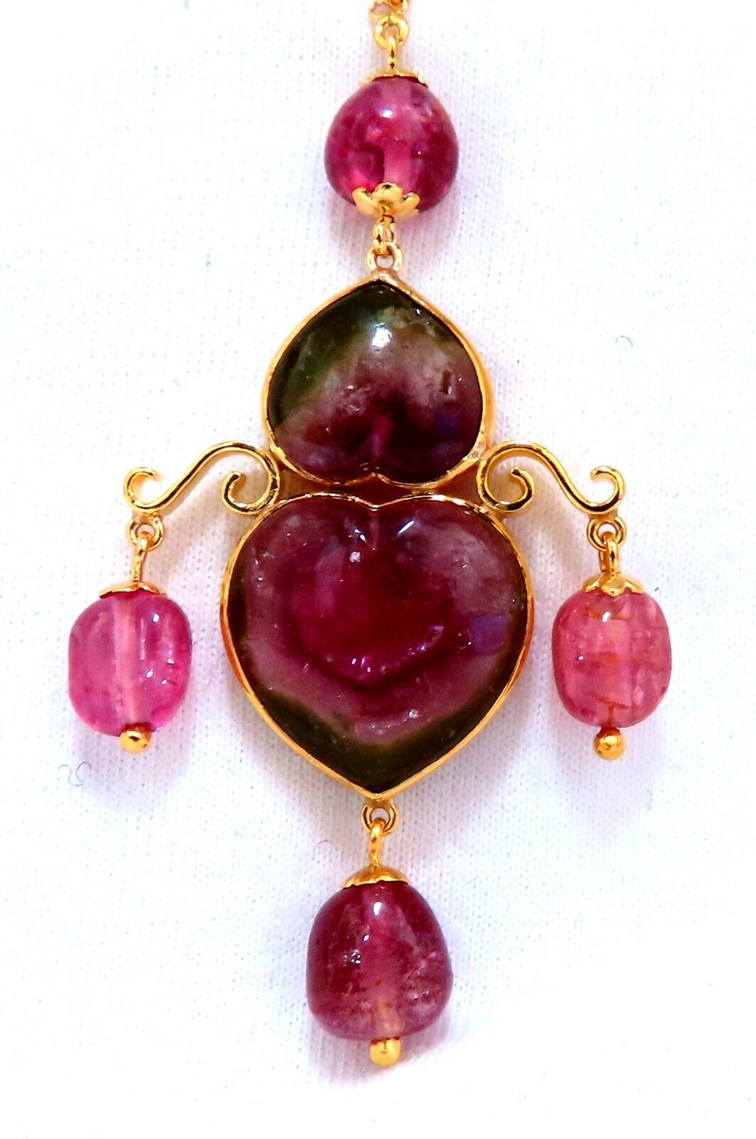 80ct Natural Carved Watermelon Purple Pink Tourmalines Necklace 14kt