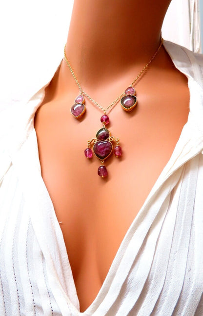80ct Natural Carved Watermelon Purple Pink Tourmalines Necklace 14kt